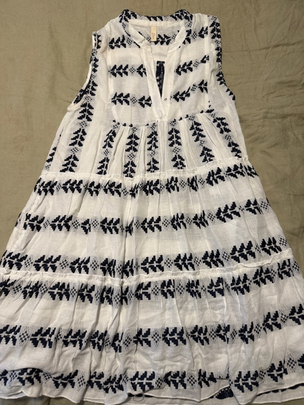 White and Navy Patterned Sleeveless Dress